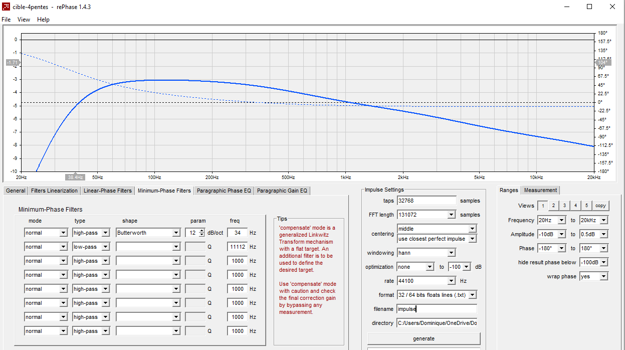 Atténuation du grave avec un filtre à 12 dB/octave à 34 Hz