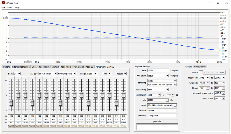 courbe cible légère en 1/3 d'octave, Q=0.5, avec atténuation 1.6 dB sur 5 bandes