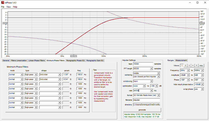 Somme du filtre à 12 dB/octave, Q = 0.541 à 106.0 Hz et de la réponse en clos Qtc = 1.307, Fc = 106.0 Hz