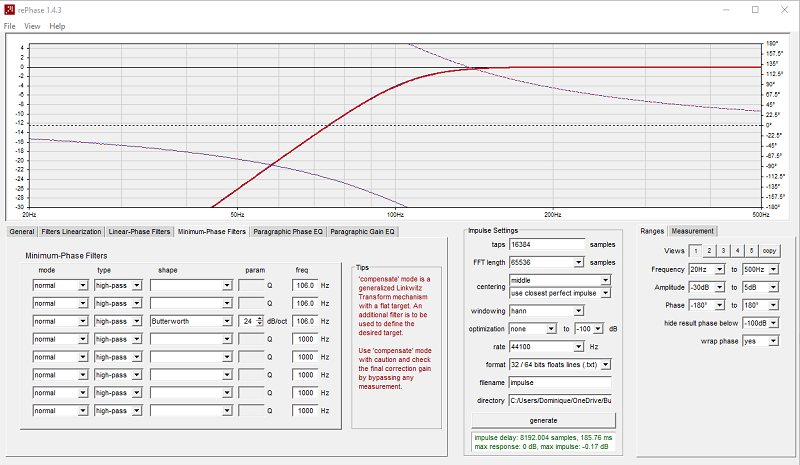 Superposition de la somme ci-dessus avec un filtre Butterworth à 24 dB/octave à 106 Hz