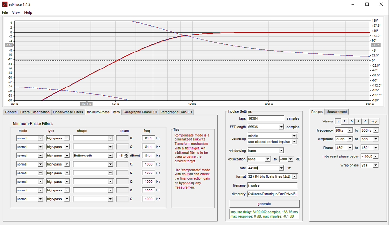 Superposition avec un filtre Butterworth à 18 dB/octave à 81.1 Hz