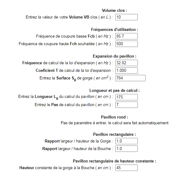 Paramètres de calculs du pavillon