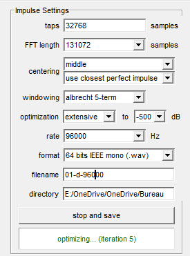 Paramétrage de Impulse Settings dans rePhase à 96000 Hz