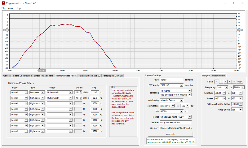 Filtre grave à 62.5 Hz en passe-haut et à 192 Hz en passe-bas